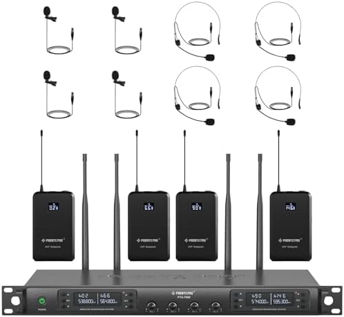 Phenyx Pro 4-Kanal Drahtloses Mikrofonsystem mit 4 Bodypacks, Headsets & Lavaliermikros - 4x40 Kanäle, Auto-Scan, 100m R